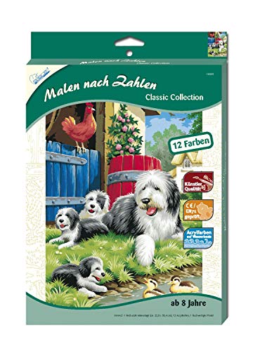 MAMMUT 110005 - Malen nach Zahlen Classic Tiermotiv, Hundefamilie, Komplettset mit bedruckter Malvorlage im A4 Format, 12 Acrylfarben und Pinsel, Malset für Kinder ab 8 Jahre von Mammut Spiel & Geschenk