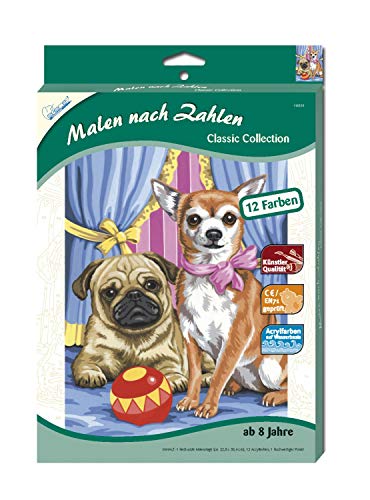 MAMMUT 110020 - Malen nach Zahlen Classic Tiermotiv, Mops & Chihuahua, Hund, Komplettset mit bedruckter Malvorlage im A4 Format, 12 Acrylfarben, Pinsel, Malset für Kinder ab 8 Jahre von Mammut Spiel & Geschenk