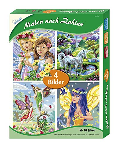 MAMMUT 8211545 - Malen nach Zahlen, Fantasiewelt, 4er-Set, Komplettset mit 4 bedruckten Malvorlagen im A4 Format, 32 Acrylfarben, 2 Pinsel und Anleitung, Malset für Kinder ab 10 Jahre MAMMUT 8211545 - Malen nach Zahlen, Fantasiewelt, 4er-Set, Komplettset mit 4 bedruckten Malvorlagen im A4 Format, 32 Acrylfarben, 2 Pinsel und Anleitung, Malset für Kinder ab 10 Jahre von Mammut Spiel & Geschenk