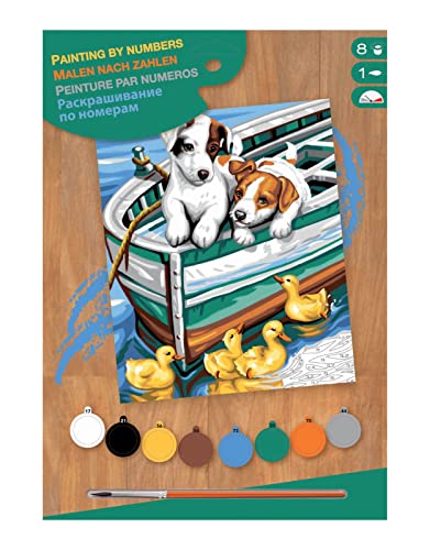 MAMMUT 8221332 - Malen nach Zahlen Junior, Hündchen und Enten, Hund, Komplettset mit bedruckter Malvorlage im A4 Format, 8 Acrylfarben, Pinsel und Anleitung, Malset ab 8 Jahre von Mammut Spiel & Geschenk