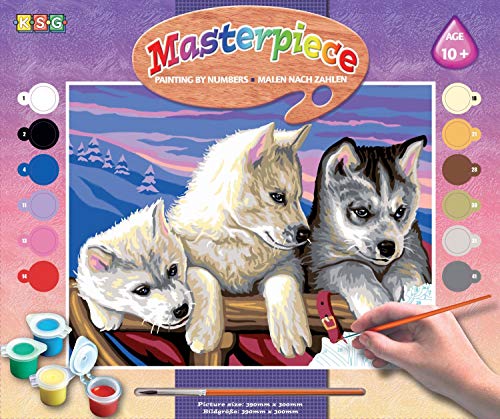 Mammut Spiel & Geschenk 8241036 - Malen nach Zahlen Senior, Huskies, Hunde, Komplettset mit bedruckter Malvorlage im A3 Format, 12 Acrylfarben, Pinsel und Anleitung, großes Malset ab 10 Jahre von Mammut Spiel & Geschenk