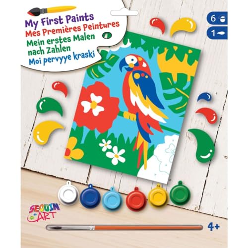 MAMMUT 8342009 - Mein erstes Malen nach Zahlen Papagei, Komplettset mit bedruckter Malvorlage ca. 18,5 x 25 cm, Anfänger Set mit 6 Acrylfarben und Pinsel, Tiermotiv Malset für Kinder ab 4 Jahre von Mammut Spiel & Geschenk