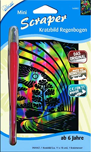 Mammut Spiel & Geschenk 141002 Kratzbild Motiv Regenbogen, regenbogenfarbend, Mini, Komplettset mit Kratzmesser und Übungsblatt, Scraper, Scratch, Kritzel, Kratzset für Kinder ab 6 Jahre von Mammut Spiel & Geschenk