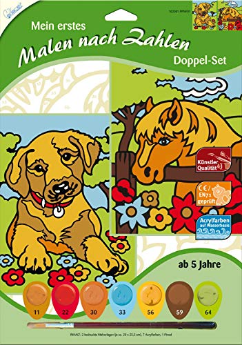 Mammut Spiel & Geschenk 102001 Mein erstes Malen nach Zahlen, Tiermotive, Hund & Pferd, Doppelpack, Komplettset mit 2 bedruckten Malvorlagen, 7 Acrylfarben und Pinsel, Malset für Kinder ab 5 Jahre von Mammut Spiel & Geschenk