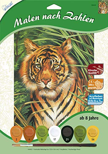 Mammut 105020 Malen nach Zahlen Tiermotiv, Tiger, Komplettset mit bedruckter Malvorlage im A4 Format, 7 Acrylfarben und Pinsel, Malset für Kinder ab 8 Jahre, 22,8 x 30,4 cm von Mammut Spiel & Geschenk