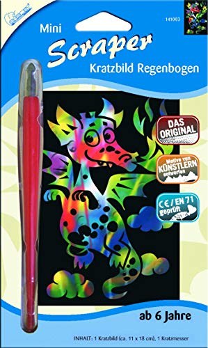 Mammut Spiel & Geschenk 141003 Kratzbild Motiv Drache, regenbogenfarbend, Mini, Komplettset mit Kratzmesser und Übungsblatt, Scraper, Scratch, Kritzel, Kratzset für Kinder ab 6 Jahre, Regenbogen von Mammut Spiel & Geschenk