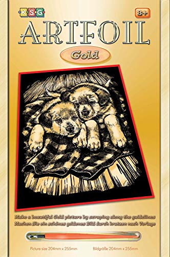 MAMMUT 8261032 - Artfoil, Kratzbild, Tiermotiv, Welpen, Hunde, gold, Komplettset mit Kratzbild, Kratzmesser und Anleitung, Scraper, Scratch, glänzend, Kratzset für Kinder ab 8 Jahre von Mammut Spiel & Geschenk