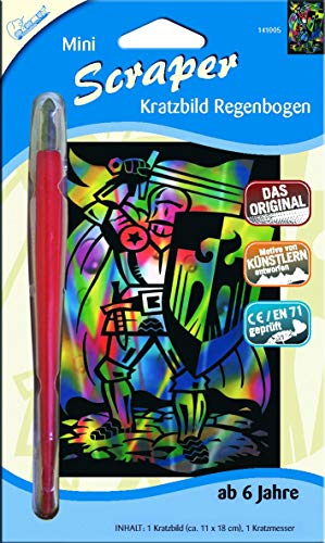 Mammut Spiel & Geschenk 141005 Kratzbild Motiv Ritter, regenbogenfarbend, Mini, Komplettset mit Kratzmesser und Übungsblatt, Scraper, Scratch, Kritzel, Kratzset für Kinder ab 6 Jahre, Regenbogen von Mammut Spiel & Geschenk