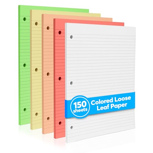 Farbiges Notizpapier, 8,5 x 11 cm, 150 Blatt, dick, 80 g/m², College-liniert, bunt, lose Blätter, Füllpapier, 3-fach gelocht, für Schule, Büro und Journaling (hell) von Manaloom