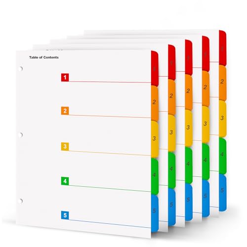 Registerkarten für 3 Ringbücher - 6 Sets, 1-5 nummerierte Index-Trennblätter mit Inhaltsverzeichnis - 21,6 x 27,9 cm, 3-fach gelocht - Ordner-Trennblätter für Schule, Büro, Abheften, Organisieren Registerkarten für 3 Ringbücher - 6 Sets, 1-5 nummerierte Index-Trennblätter mit Inhaltsverzeichnis - 21,6 x 27,9 cm, 3-fach gelocht - Ordner-Trennblätter für Schule, Büro, Abheften, Organisieren von Manaloom