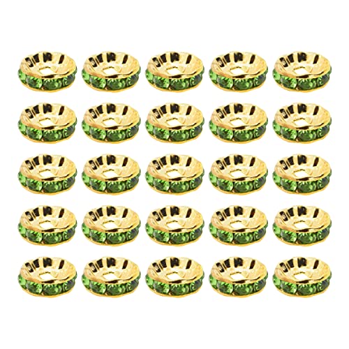 Mandala Crafts 10 mm Peridot-Strasssteine, goldfarben, Metall-Rondellen-Abstandshalter für Schmuckherstellung, DIY-Perlenstifte – 100 Rondelle, Kristallperlen für Armbänder, Halsketten, Anhänger von Mandala Crafts