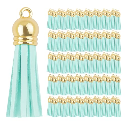 Mandala Crafts 100 Stück goldene Kappe, Aquamarin, Kunstwildleder, Quasten, Großpackung, Schlüsselanhänger, kleine Lederquasten für Charms, Schmuckherstellung und Bastelarbeiten Mandala Crafts 100 Stück goldene Kappe, Aquamarin, Kunstwildleder, Quasten, Großpackung, Schlüsselanhänger, kleine Lederquasten für Charms, Schmuckherstellung und Bastelarbeiten von Mandala Crafts