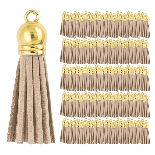 Mandala Crafts 100 Stück goldene Kappe, Khaki, Kunstwildleder, Quasten, Großpackung, Schlüsselanhänger, kleine Lederquasten für Charms, Schmuckherstellung und Bastelarbeiten von Mandala Crafts