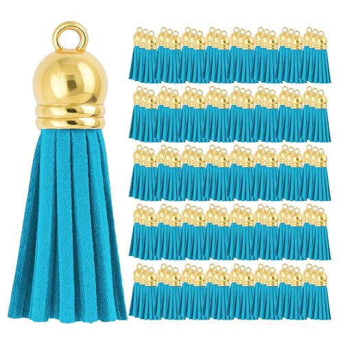 Mandala Crafts 100 Stück goldene Kappe, Pfauenblau, Kunstwildleder, Quasten, Großpackung, Schlüsselanhänger, kleine Lederquasten für Charms, Schmuckherstellung und Bastelarbeiten von Mandala Crafts