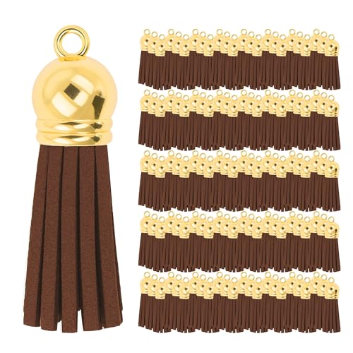 Mandala Crafts 100 Stück goldene Kappe, Schokoladenbraun, Kunstwildleder, Quasten, Großpackung, Schlüsselanhänger, kleine Lederquasten für Charms, Schmuckherstellung und Bastelarbeiten von Mandala Crafts