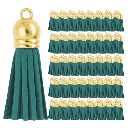 Mandala Crafts 100 Stück goldene Kappe, blaugrün, Kunstwildleder, Quasten, Großpackung, Schlüsselanhänger, kleine Lederquasten für Charms, Schmuckherstellung und Bastelarbeiten von Mandala Crafts
