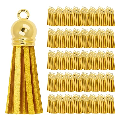 Mandala Crafts 100 Stück goldfarbene Quasten, Kunstwildleder, Schlüsselbund, kleine Lederquasten für Charms, Schmuckherstellung und Bastelarbeiten von Mandala Crafts