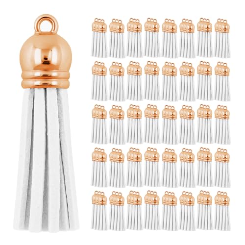 Mandala Crafts 100 Stück rotgoldene Kappe, weiße Kunstwildleder-Quasten, Großpackung, Schlüsselanhänger, kleine Lederquasten für Charms, Schmuckherstellung und Bastelarbeiten von Mandala Crafts