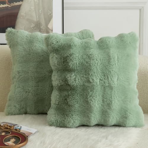 Mandioo 2er Set Luxus Dekorativ dicken Woll Kissenbezug Super Soft Wave Blase Plüschwolle werfen Kissenbezüge Zierkissenbezüge Sofakissen Schlafzimmer Kissenhülle für Sofa 40x40cm Salbei Grün von Mandioo