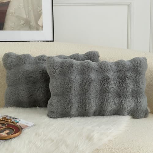 Mandioo 2er Set Luxus Dekorativ dicken Woll Kissenbezug Super Soft Wave Blase Plüschwolle werfen Kissenbezüge Zierkissenbezüge Sofakissen Schlafzimmer Kissenhülle für Sofa 40x60cm Grau von Mandioo