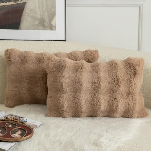 Mandioo 2er Set Luxus Dekorativ dicken Woll Kissenbezug Super Soft Wave Blase Plüschwolle werfen Kissenbezüge Zierkissenbezüge Sofakissen Schlafzimmer Kissenhülle für Sofa 40x80cm Kamel von Mandioo