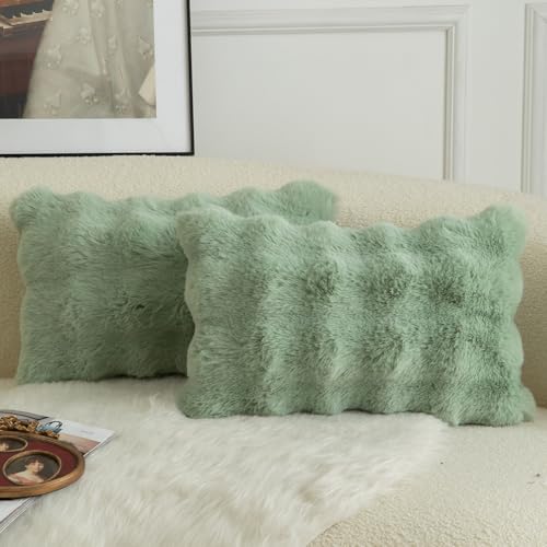 Mandioo 2er Set Luxus Dekorativ dicken Woll Kissenbezug Super Soft Wave Blase Plüschwolle werfen Kissenbezüge Zierkissenbezüge Sofakissen Schlafzimmer Kissenhülle für Sofa 40x80cm Salbei Grün von Mandioo