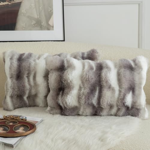 Mandioo 2er Set Luxus Dekorativ dicken Woll Kissenbezug Super Soft Wave Blase Plüschwolle werfen Kissenbezüge Zierkissenbezüge Sofakissen Schlafzimmer Kissenhülle für Sofa 40x80cm Weiß Grau von Mandioo