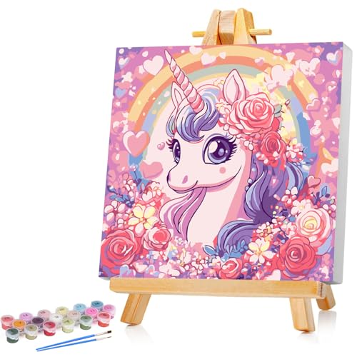Einhorn Malen Nach Zahlen Kinder Mit Rahmen Unicorn Paint by Numbers für Kind Cute Tier Ölgemälde Kinder ab 5 6 7 8 9 Jahre für Haus Dekoration 20x20cm (Mit Holzrahmen) von Mandun Art