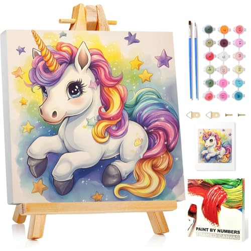Malen Nach Zahlen Kinder mit Rahmen, Einhorn Malen nach zahlen kinder ab 5 6 7 8 9 10 Jahre, Malset mit Rahmen, Pinsel und Acrylfarben, Geschenk für Mädchen und Jungen, mit Glitzer 20x20cm von Mandun Art