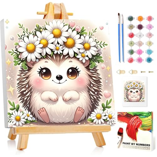 Malen Nach Zahlen Kinder mit Rahmen, Igel Malen nach zahlen kinder ab 5 6 7 8 9 10 Jahre, Malset mit Rahmen, Pinsel und Acrylfarben, Geschenk für Mädchen und Jungen, mit Glitzer 20x20cm von Mandun Art