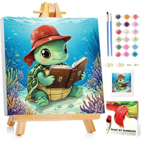 Malen Nach Zahlen Kinder mit Rahmen, Meeresschildkröten Malen nach zahlen kinder ab 5 6 7 8 9 10 Jahre, Malset mit Rahmen, Pinsel und Acrylfarben, Geschenk für Mädchen und Jungen, mit Glitzer 20x20cm von Mandun Art