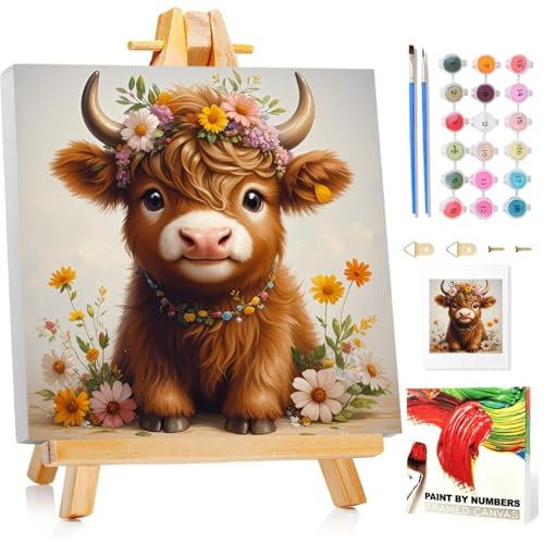 Ochse Malen Nach Zahlen Kinder mit Rahmen, Malen nach zahlen kinder ab 5 6 7 8 9 10 Jahre, Malset mit Rahmen, Pinsel und Acrylfarben, Geschenk für Mädchen und Jungen, mit Glitzer 20x20cm von Mandun Art