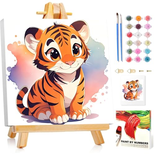 Tiger Malen Nach Zahlen Kinder mit Rahmen, Malen nach zahlen kinder ab 5 6 7 8 9 10 Jahre, Malset mit Rahmen, Pinsel und Acrylfarben, Geschenk für Mädchen und Jungen, mit Glitzer 20x20cm von Mandun Art