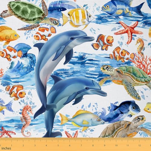 Aquarell-Delfin-Stoff pro Yard, Meerestiere, Meeresschildkröten, Fische, Seesterne, Polsterstoff, bunter handbemalter Druck, wasserdichter Stoff für Heim-DIY-Projekte, 91 cm Aquarell-Delfin-Stoff pro Yard, Meerestiere, Meeresschildkröten, Fische, Seesterne, Polsterstoff, bunter handbemalter Druck, wasserdichter Stoff für Heim-DIY-Projekte, 91 cm von Manfei
