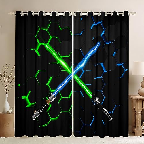 Geometrische Lichtschwert Vorhänge Neon Blau Lila Licht Honigwaben Fenster Vorhang Kinder Männer Zimmer Dekor 3D Glühende Hexagon Fenster Vorhang Mode Schwarze Fenster Vorhänge,2 Panels,XL Größe von Manfei