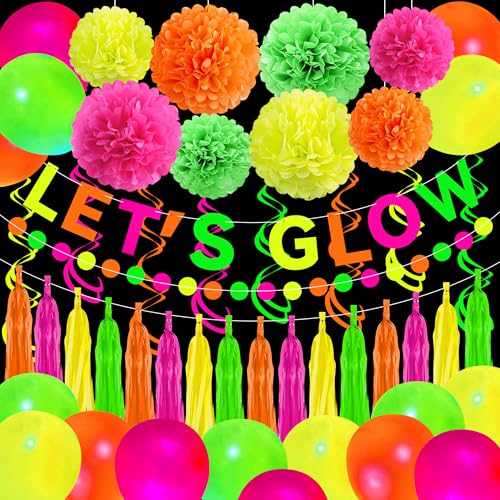 Neon Party Dekorationen Glow in the Dark Party Hanging Swirls Supplies Let's Glow Banner Neon Seidenpapier Pom Poms Ballon Papier Quaste Kreis Punkt Girlande für Geburtstag Tanz Schwarzlicht Hochzeit von Maniaacer