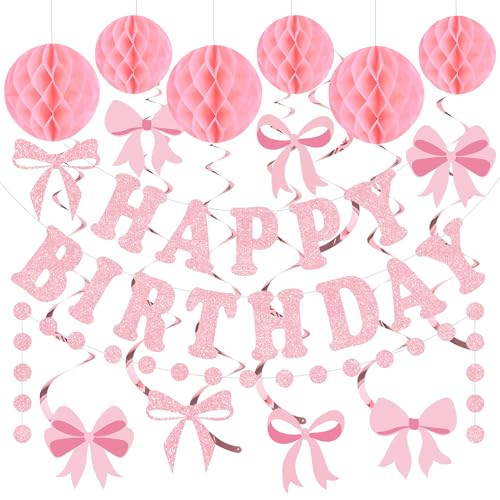 Rosa Schleife Party Dekorationen Rosa Glitzer Happy Birthday Banner Girlande Bogen Hängende Wirbel und Wabenbälle für Frauen Mädchen Geburtstag Braut Baby Shower Party Supplies von Maniaacer
