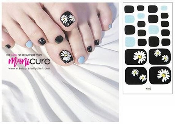 Gänseblümchen Blau Und Schwarz Finish, Pedicure Echte Nagellackstreifen, Getrocknete Nagellacke, Nagelfolien, Sticker, Langlebig, Ungiftig von ManicureNailPolish