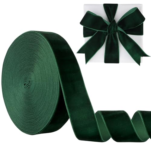 Samtband, dunkelgrün, 2,5 cm (1 Zoll), 9,1 m Manjonzic einseitiges Samtband, perfekt für Weihnachtsbäume, Geschenkverpackungen, Blumensträuße, Hochzeitsdekoration von Manjonzic