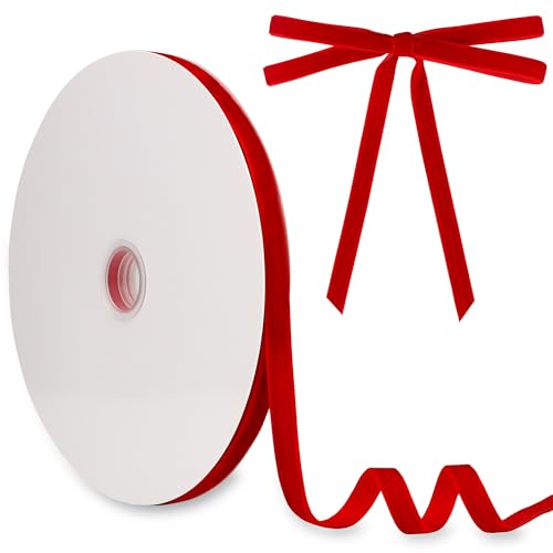 Samtband 10 mm x 27,7 m Manjonzic einseitig beflocktes Weihnachtsband Rolle für Geschenkverpackungen, Blumensträuße, Baumschleifen, Urlaubs- und Party-Dekoration, Rot von Manjonzic