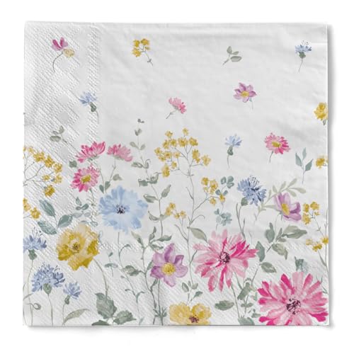Mank Tissue Serviette Meggi, 3-lagig, 100 Stück – Fröhliches Blumenwiese Design für Frühling & Sommer, Perfekte Tischdekoration für Hochzeiten und Geburtstagsfeiern (40 x 40 cm, 1/4-Falz) von Mank