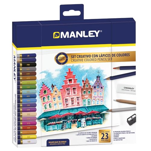 Manley Kreativ-Set mit Buntstiften 23-teilig | Artist Quality | inkl. 18 Premium Buntstifte, 1 Graphitstift 2B, 1 Blender, 1 Radiergummi, 1 Anspitzer und 1 Skizzenblock A5 von Manley