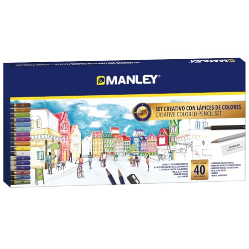 Manley Künstlerisches Buntstift-Set 40-teilig | Artist Quality | inkl. 24 Premium Buntstifte, 8 metallische Buntstifte, 6 Graphitstifte, 1 Radiergummi und 1 Spitzer. von Manley