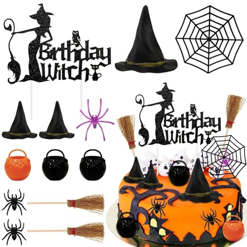 13 Stück Tortendeko Halloween, Geburtstag Hexe Kuchen Topper Halloween, Tortendeko, Kuchen Deko mit Kürbis Besen Mütze Spinne Bat Hexe von Manqyi