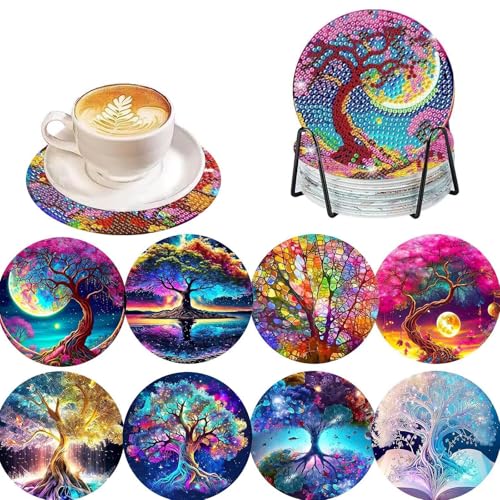 8 Stück Diamond Painting Untersetzer mit Halter, Diamond Painting Untersetzer, Rund Magischer Baum DIY Untersetzer Serviertablett rutschfest für Tassen, Weingläser, Vasen und Heimküche von Manqyi