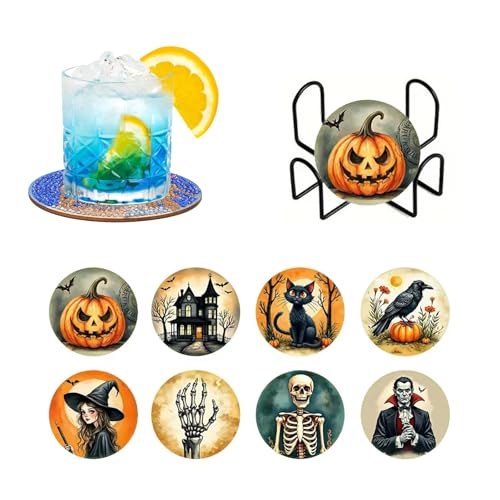 8 Stück Halloween Diamant Malerei Untersetzer mit Halter, DIY Halloween Diamant Kunst Untersetzer, Diamond Painting Serviertablett, für Tassen, Getränke-Untersetzer, Halloween-Desktop-Dekorationen 8 Stück Halloween Diamant Malerei Untersetzer mit Halter, DIY Halloween Diamant Kunst Untersetzer, Diamond Painting Serviertablett, für Tassen, Getränke-Untersetzer, Halloween-Desktop-Dekorationen von Manqyi