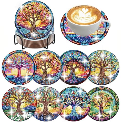 Diamond Painting Untersetzer mit Halter 8 Stück, Diamond Painting Untersetzer, Rund Magischer Baum DIY Untersetzer Serviertablett rutschfest für Tassen, Weingläser, Vasen und Heimküche von Manqyi