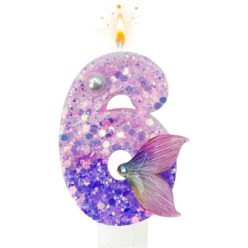 Geburtstagskerzen Zahlen 6,Glitzernde Kerze 6, 3D Meerjungfrau Geburtstagskerzen, Meerjungfrau Geburtstag Deko, Kuchendeko Geburtstag, Geburtstagsdeko für Geburtstagsfeier (7,5cm,Lila Rosa) von Manqyi