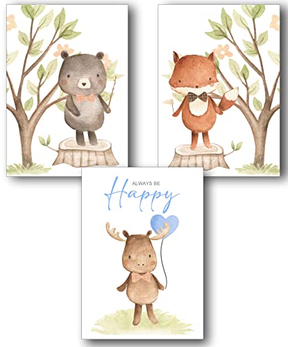 Manschin-Laserdesign 3er Set Wandbilder Kinderzimmer Poster | Din A3 & Din A4 | Babyzimmer Deko Mädchen Jungen Bilder Dekoration Aquarell Waldtiere skandinavisch (Din A3, P1020) von Manschin-Laserdesign