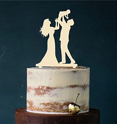 Cake Topper, Tortenstecker, Tortenfigur Acryl, Hochzeit Paar mit Kind Hochzeitstorte (Creme / Elfenbein) Art.Nr. 5343 von Manschin-Laserdesign